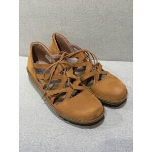 Naot 39 Lace Up Calathea Wedge Sandals Amber 8 Or 8.5 Suede Leather